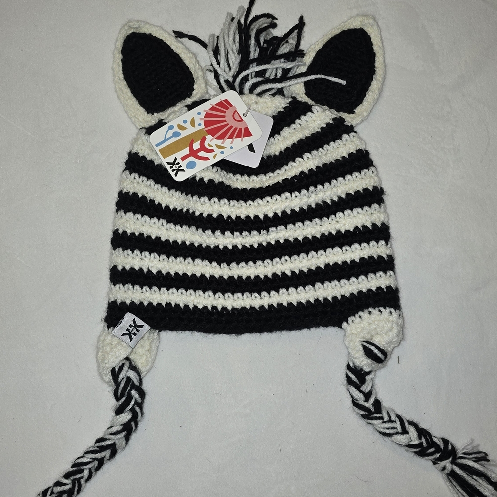 Kids Hand‎ Knit Zebra Ears Beanie With Tie Strings Tassels Winter Hat NWT